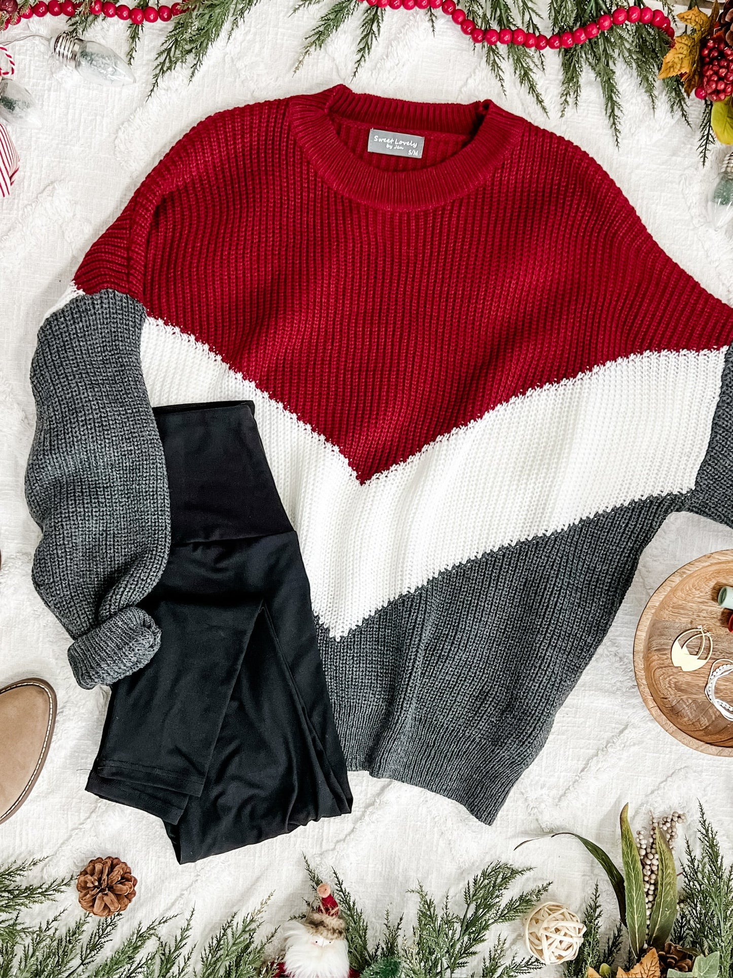 Cozy Knit Sweater In Burgundy White & Grey Chevron - Body By J'ne