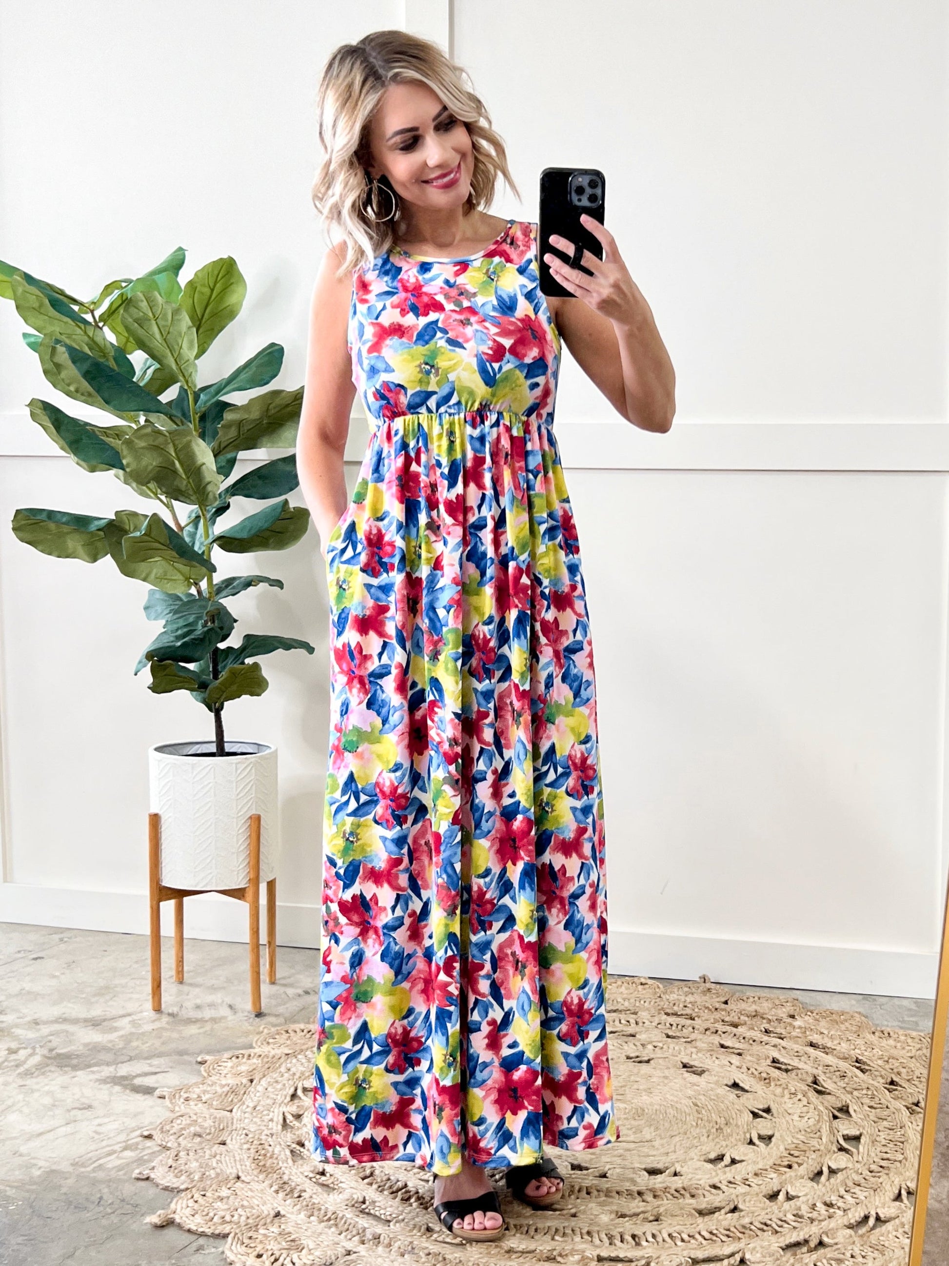 Maxi Dress With Pockets In Bright Neon Flowers - Body By J'ne