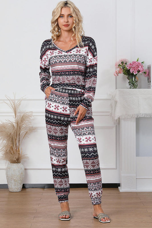 Snowflake Print Long Sleeve And Joggers Lounge Set - Body By J'ne