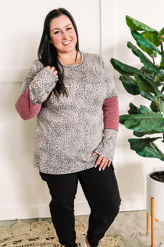 Button Sleeve Top In Burgundy & Leopard - Body By J'ne