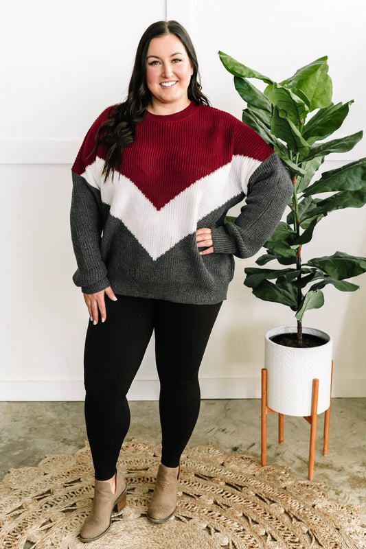 Cozy Knit Sweater In Burgundy White & Grey Chevron - Body By J'ne