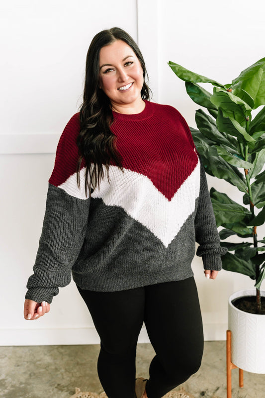 Cozy Knit Sweater In Burgundy White & Grey Chevron - Body By J'ne