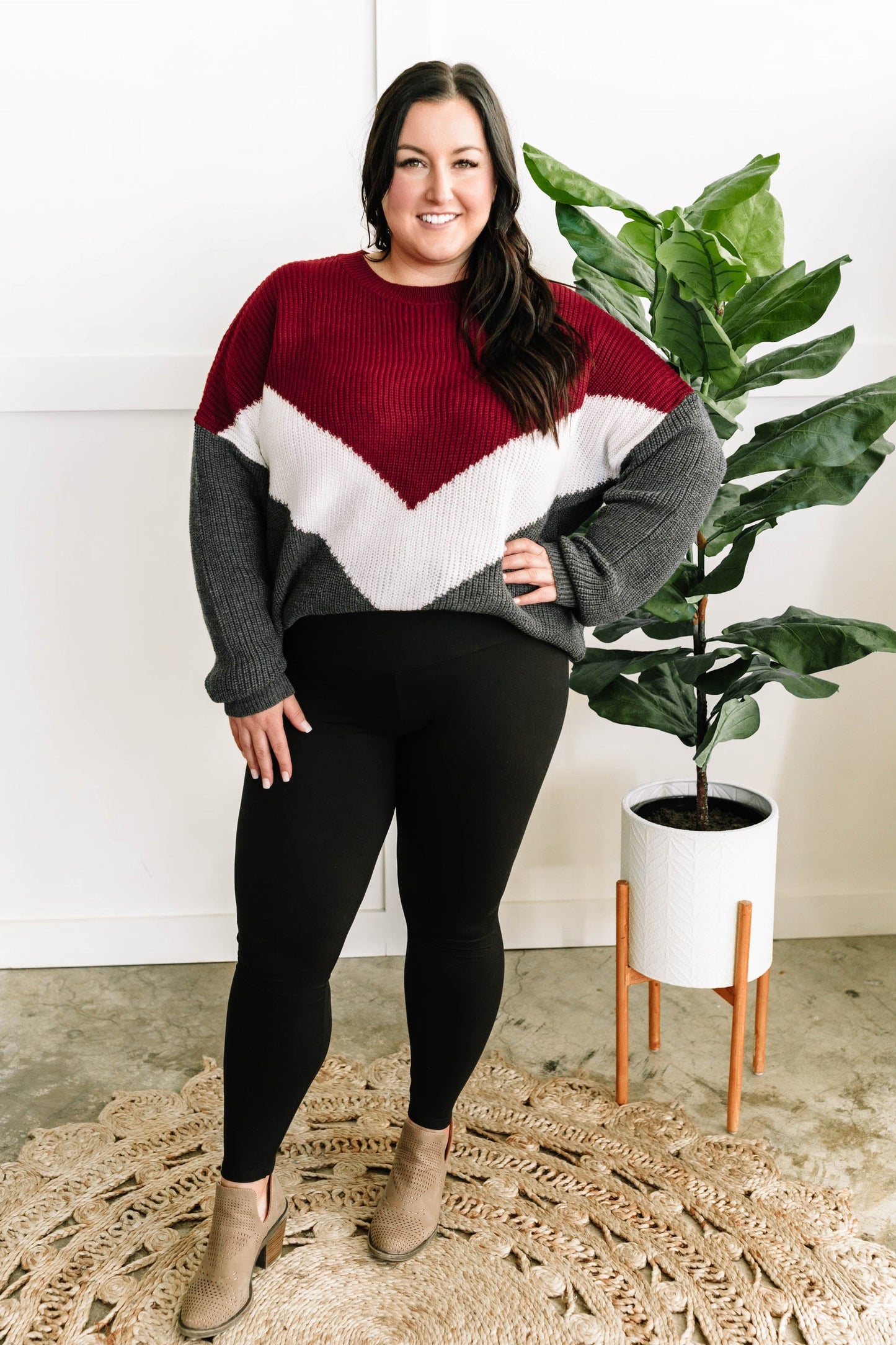 Cozy Knit Sweater In Burgundy White & Grey Chevron - Body By J'ne