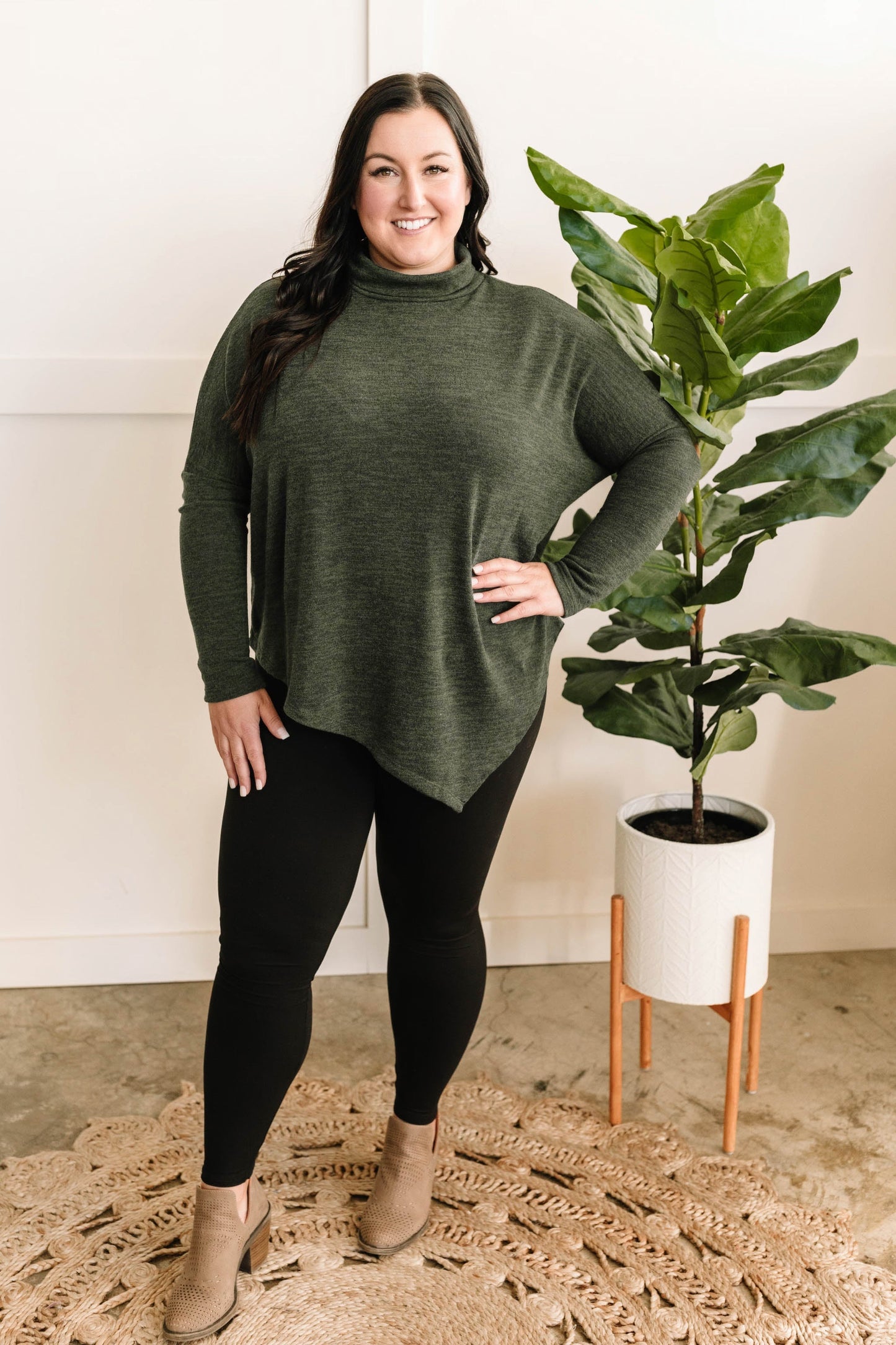 Mock Neck Top With Handkerchief Hem Detail In Spruce - Body By J'ne