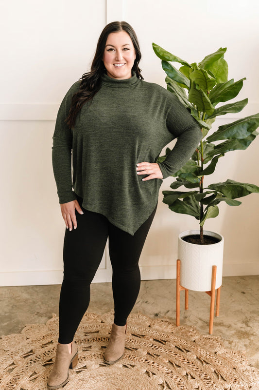 Mock Neck Top With Handkerchief Hem Detail In Spruce - Body By J'ne