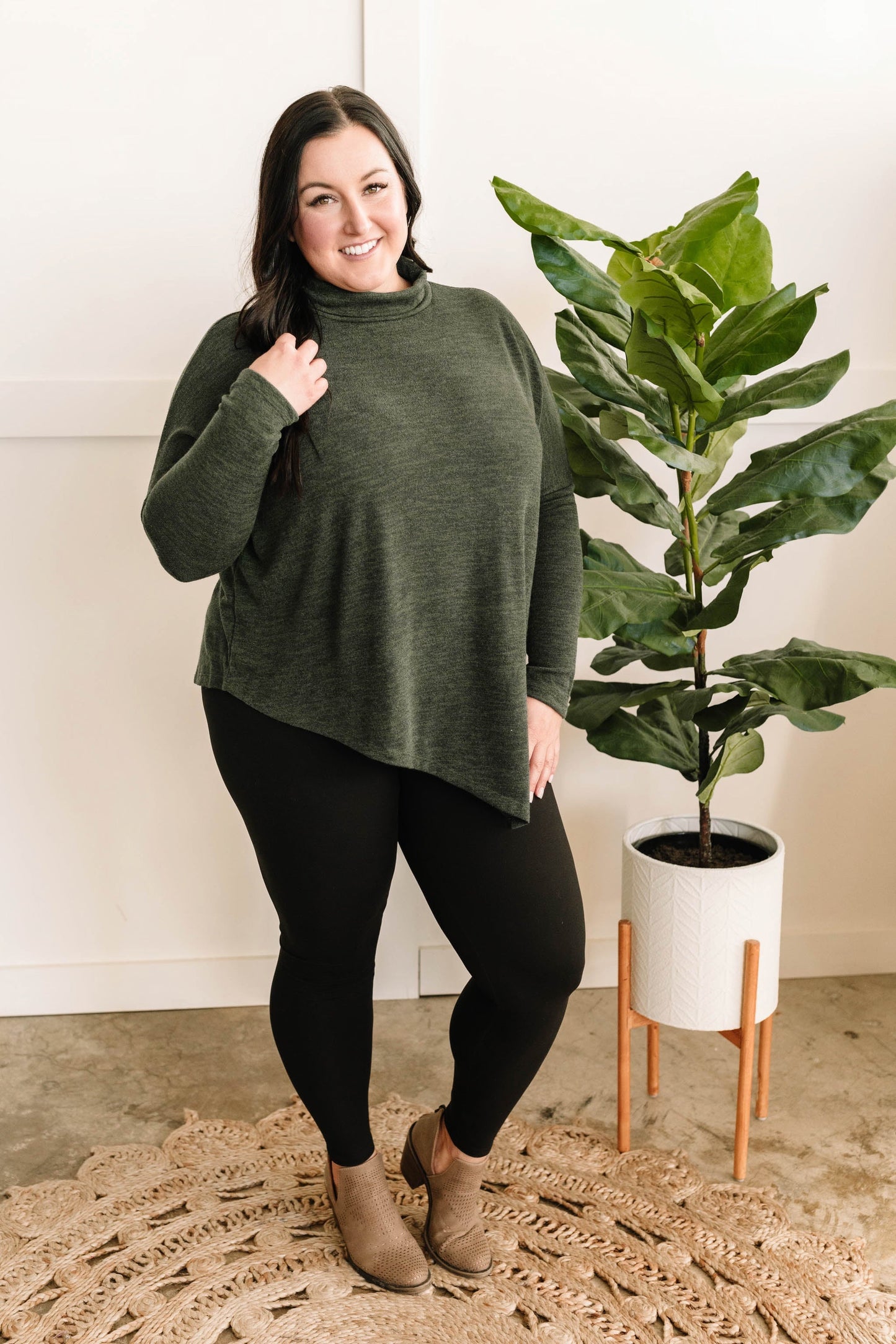 Mock Neck Top With Handkerchief Hem Detail In Spruce - Body By J'ne