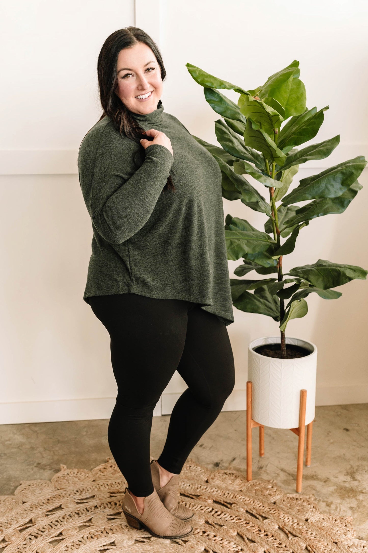 Mock Neck Top With Handkerchief Hem Detail In Spruce - Body By J'ne