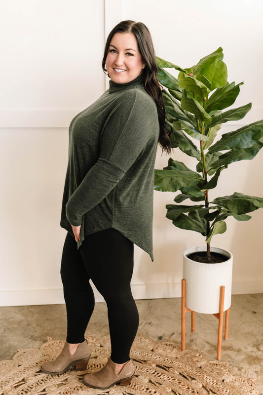 Mock Neck Top With Handkerchief Hem Detail In Spruce - Body By J'ne