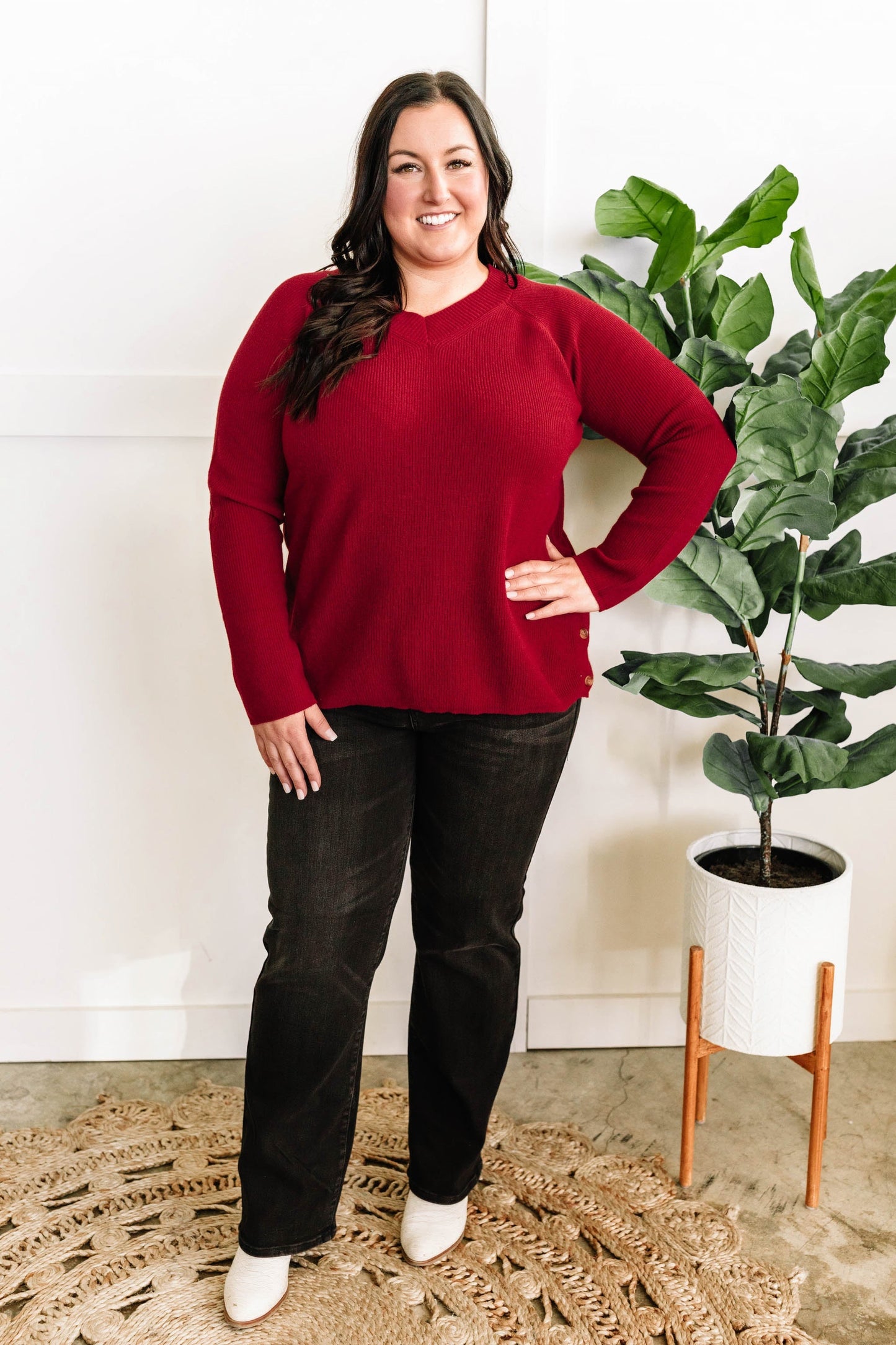 V Neck Knit Sweater With Side Button Detail In Red - Body By J'ne