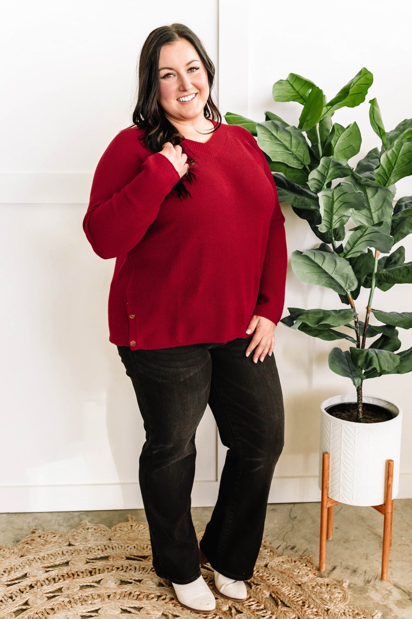 V Neck Knit Sweater With Side Button Detail In Red - Body By J'ne