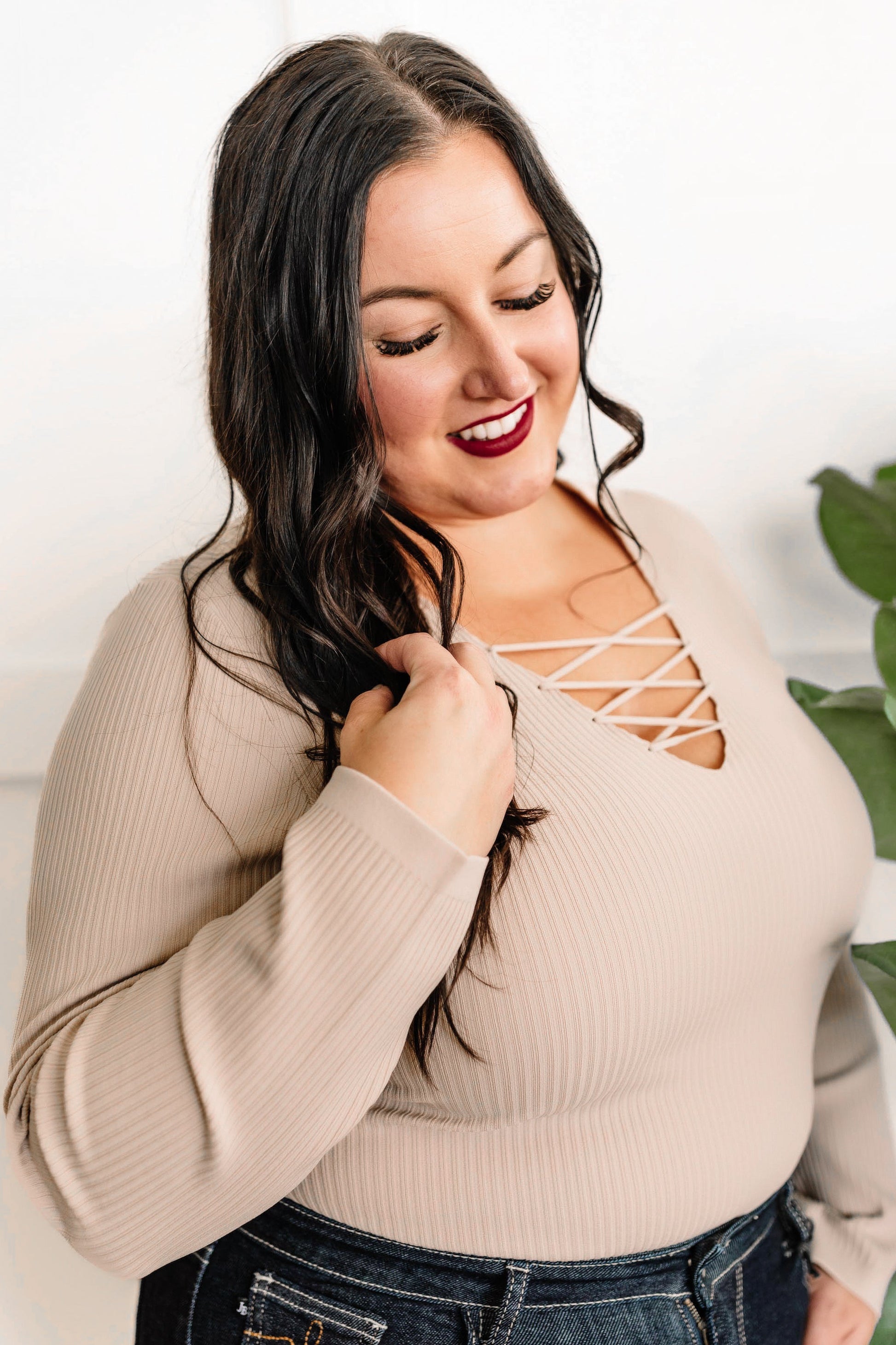 Lace Up Long Sleeve Bodysuit In Taupe - Body By J'ne