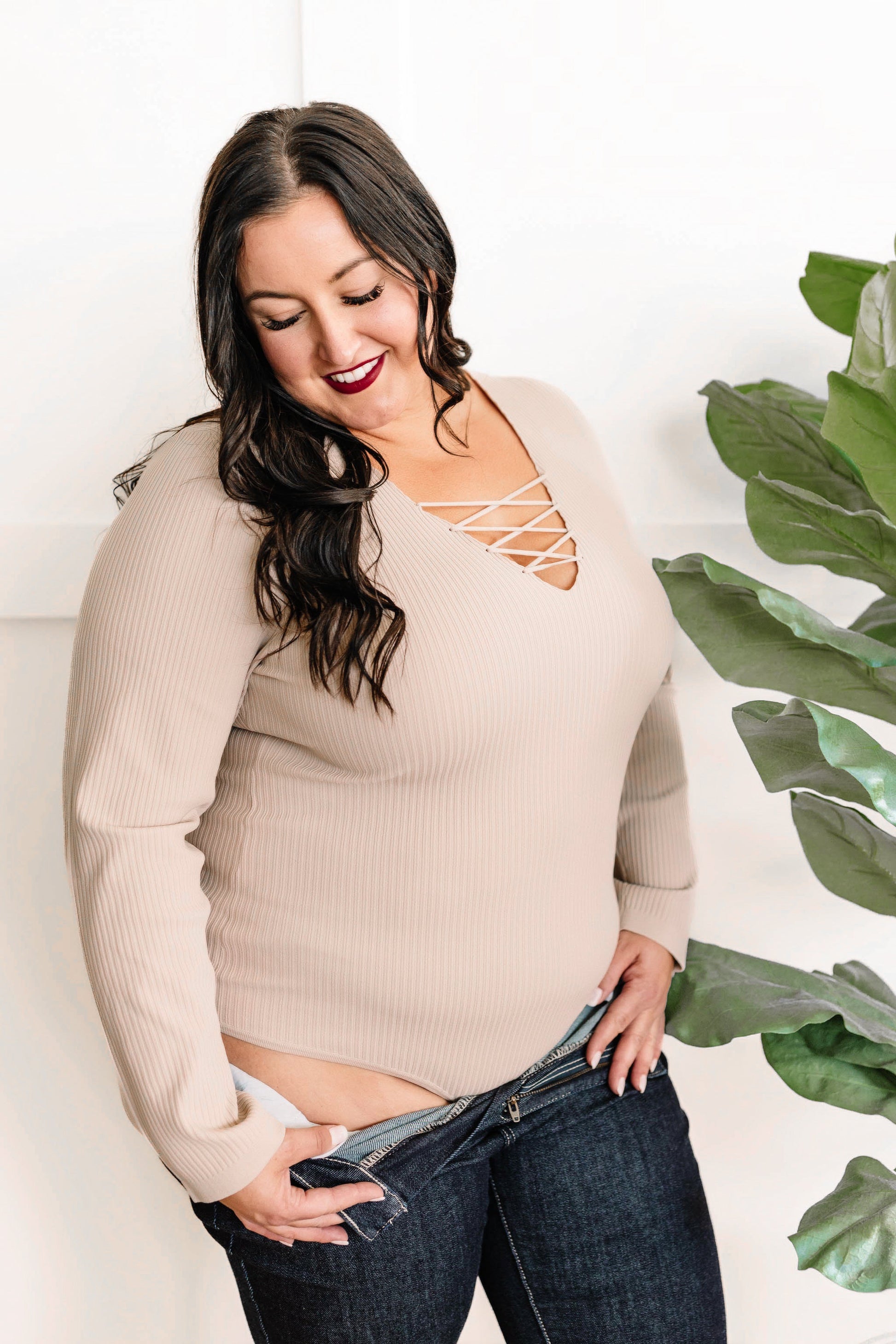 Lace Up Long Sleeve Bodysuit In Taupe - Body By J'ne