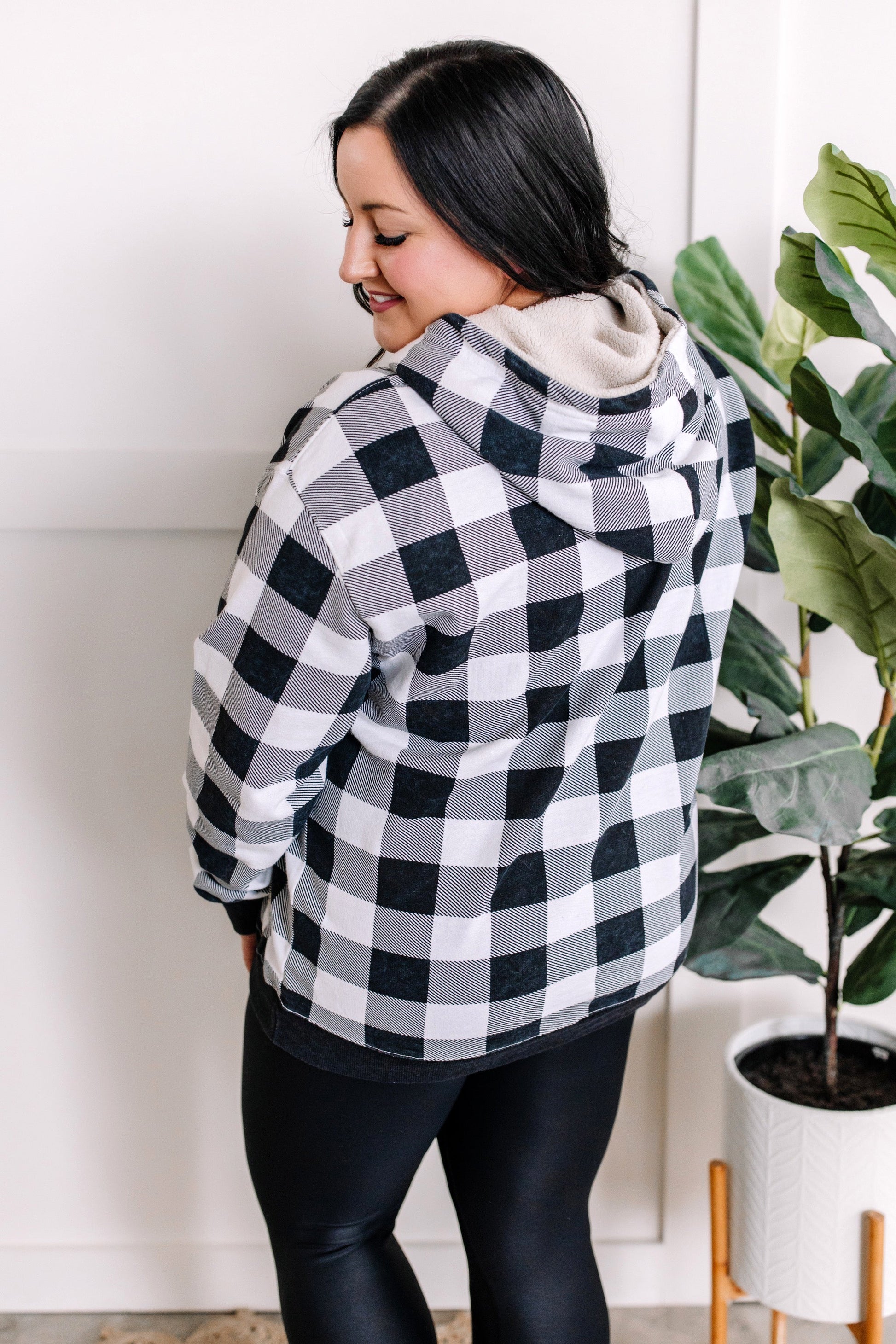 Checkered Plaid Sherpa Hoodie In Gray & White - Body By J'ne