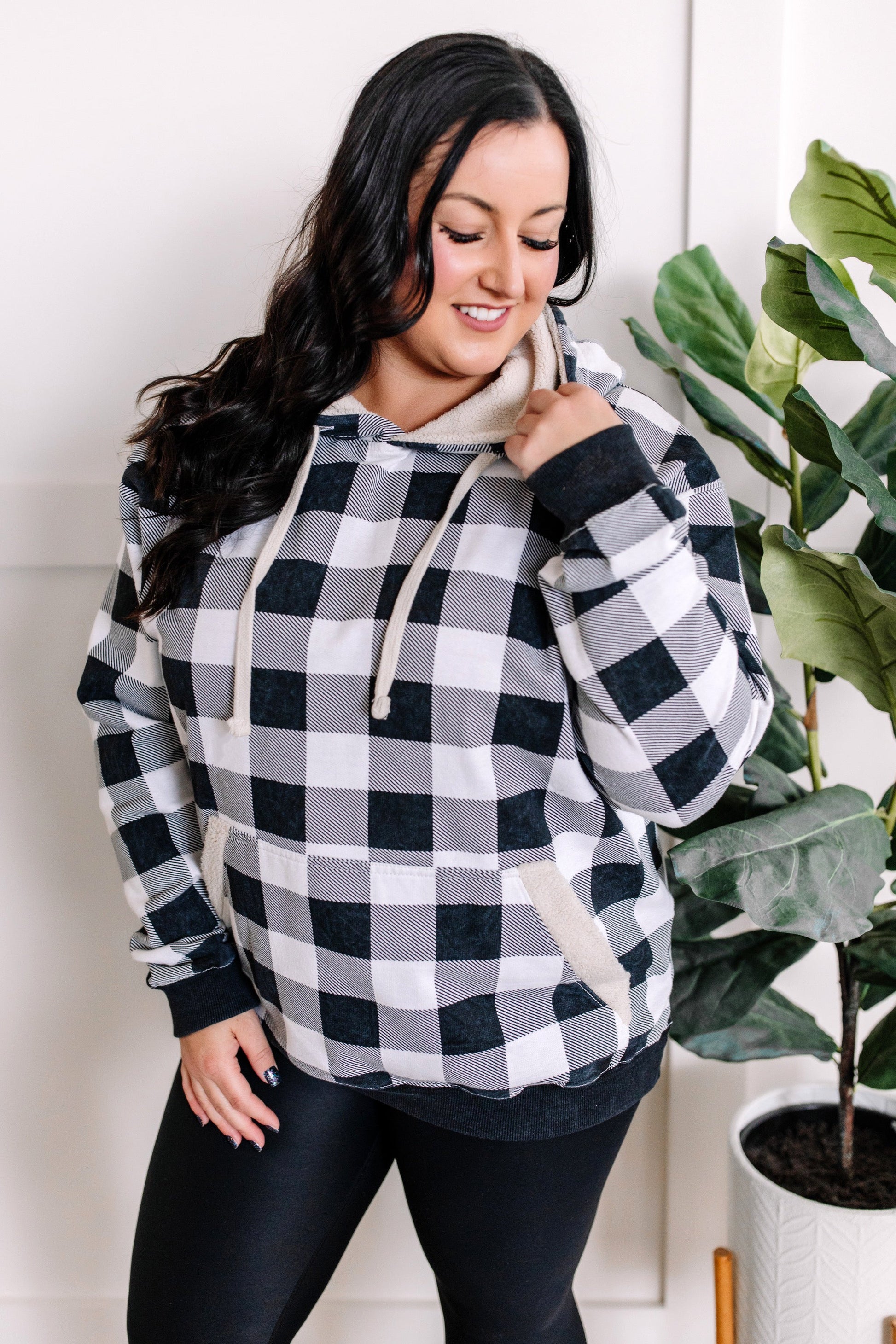 Checkered Plaid Sherpa Hoodie In Gray & White - Body By J'ne