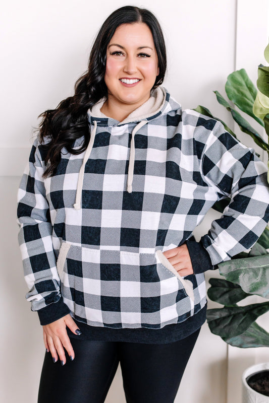 Checkered Plaid Sherpa Hoodie In Gray & White - Body By J'ne