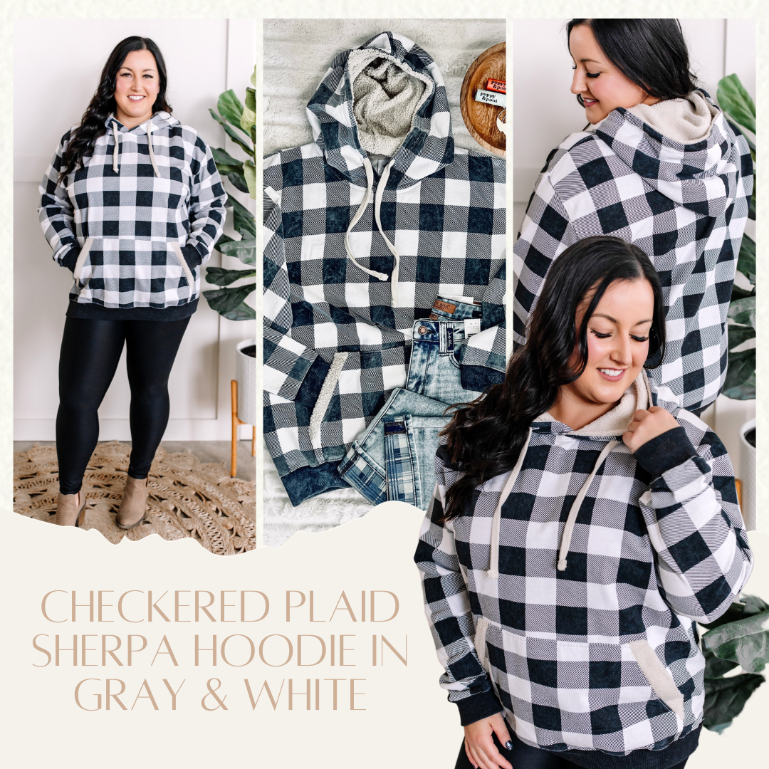 Checkered Plaid Sherpa Hoodie In Gray & White - Body By J'ne