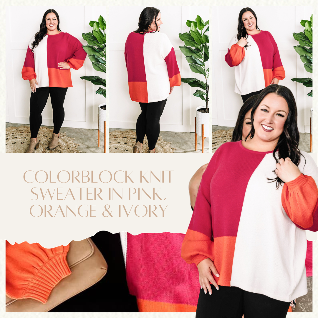 ColorBlock Knit Sweater In Pink, Orange & Ivory - Body By J'ne