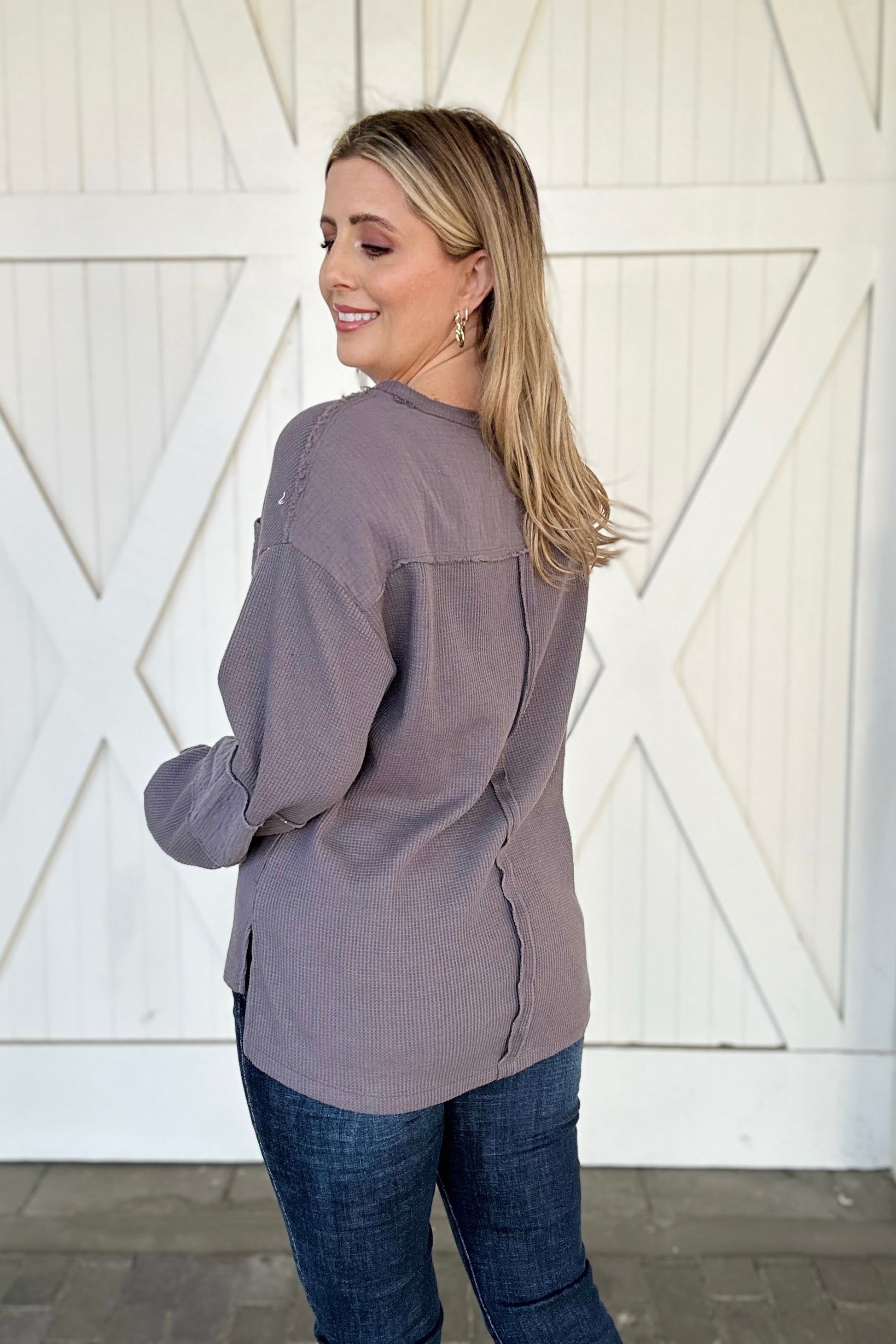 Exposed Seam Patchwork Bubble Sleeve Waffle Knit Top, Gray - Body By J'ne