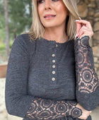 Dark Grey Crochet Lace Hem Sleeve Button Top - Body By J'ne