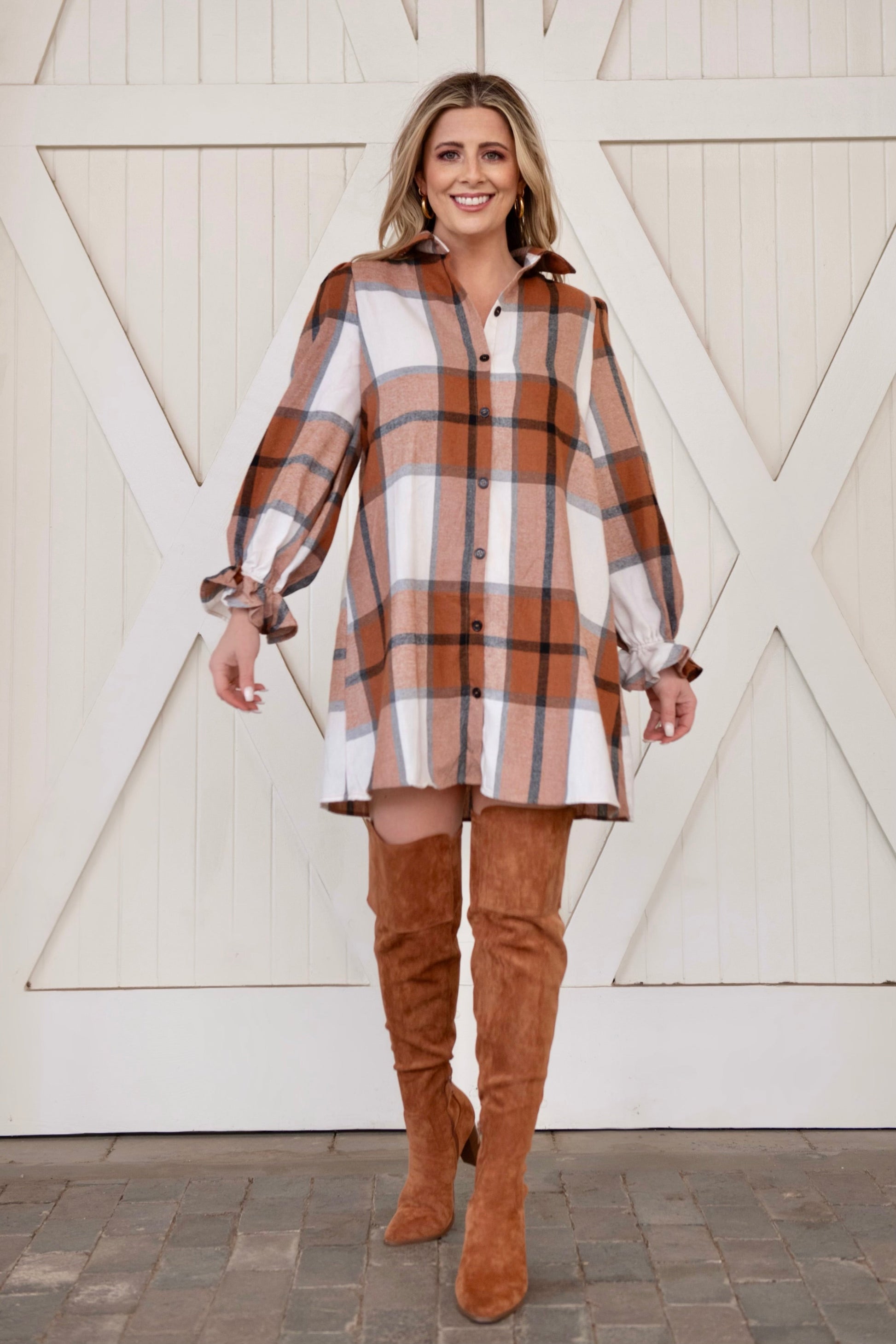 Plaid Collared Neck Ruffled Shirt Dress/Tunic - Body By J'ne