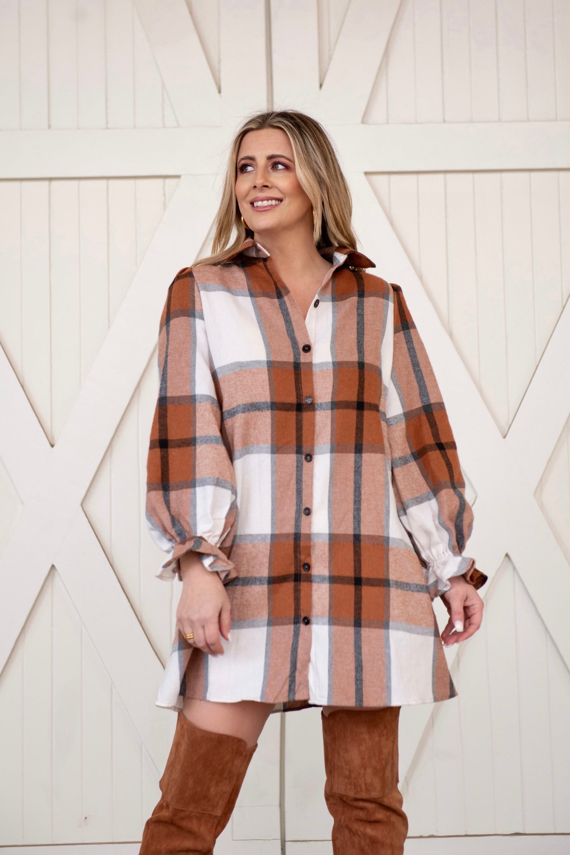 Plaid Collared Neck Ruffled Shirt Dress/Tunic - Body By J'ne