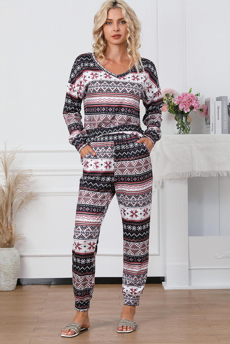 Snowflake Print Long Sleeve And Joggers Lounge Set - Body By J'ne