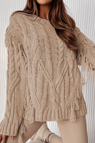 Cable-Knit Fringe Round Neck Sweater - Body By J'ne