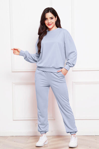 Round Neck Long Sleeve Sweatshirt and Pants Set - Body By J'ne