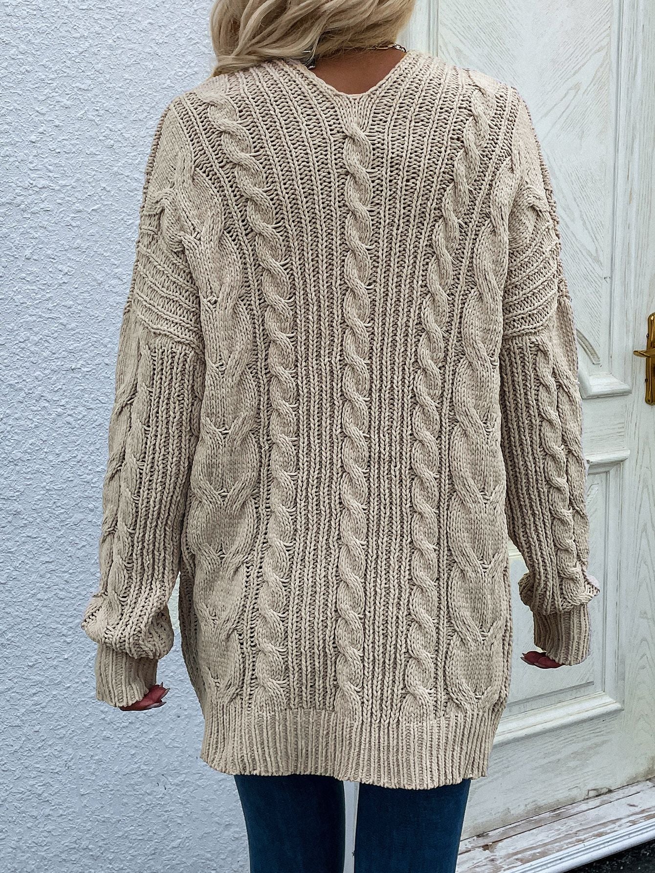 Woven Right Cable-Knit Open Front Cardigan with Front Pockets - Body By J'ne