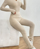 Ribbed V-Neck Long Sleeve Cropped Top and Pants Set - Body By J'ne