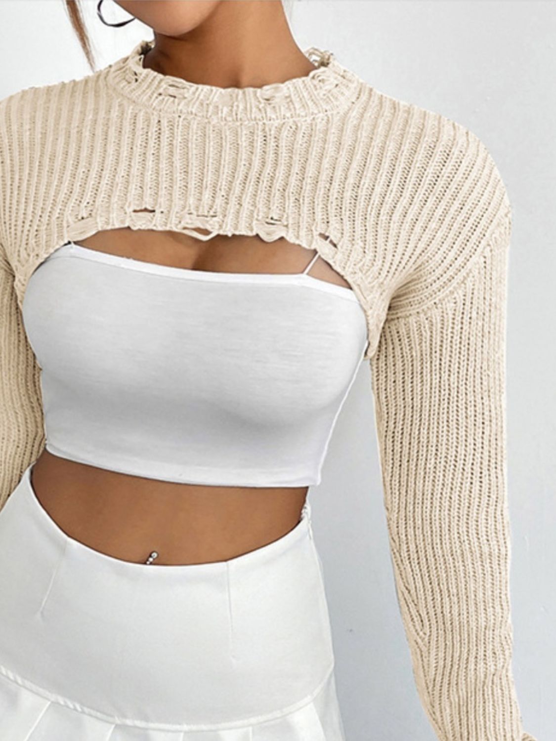 Distressed Long Sleeve Cropped Sweater - Body By J'ne