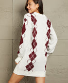 Woven Right Argyle V-Neck Ribbed Trim Sweater Dress - Body By J'ne