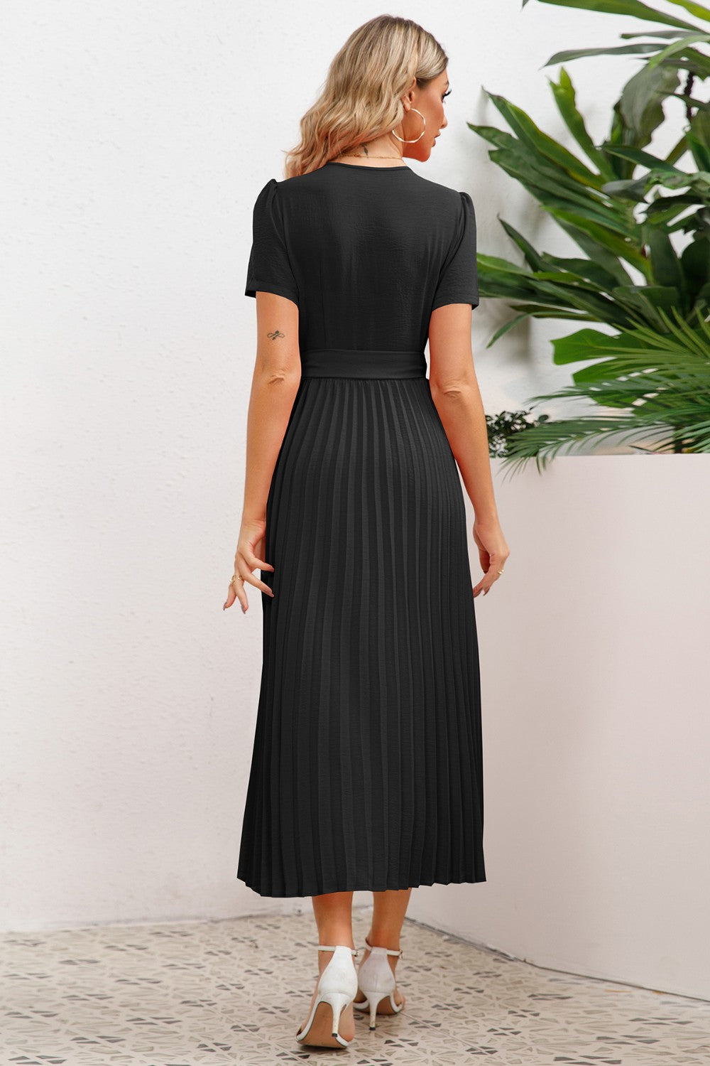 Pleated Surplice Short Sleeve Midi Dress - Body By J'ne