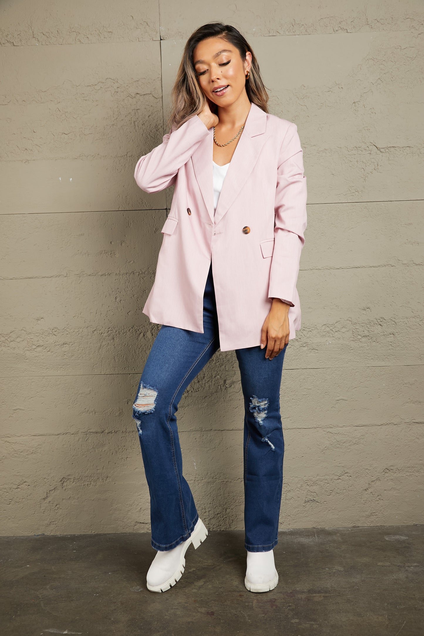 Double-Breasted Padded Shoulder Blazer with Pockets - Body By J'ne