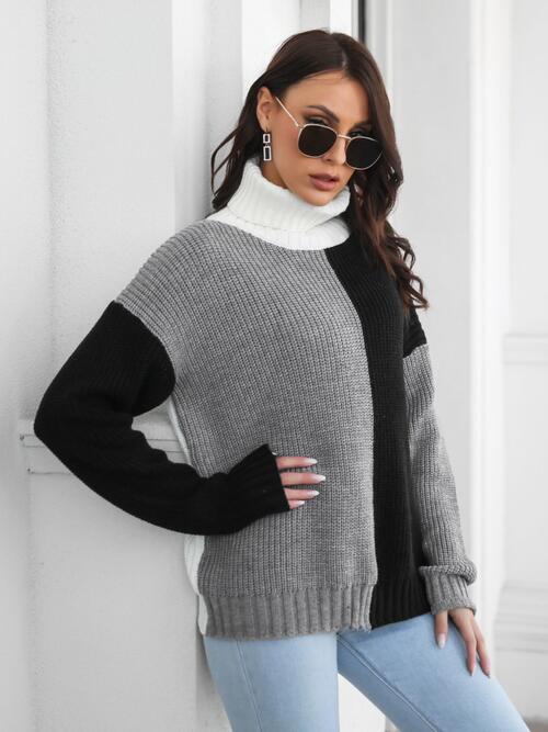 Contrast Turtleneck Long Sleeve Sweater - Body By J'ne