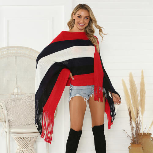 Striped Fringe Trim Poncho - Body By J'ne