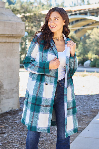 Full Size Plaid Button Up Lapel Collar Coat - Body By J'ne