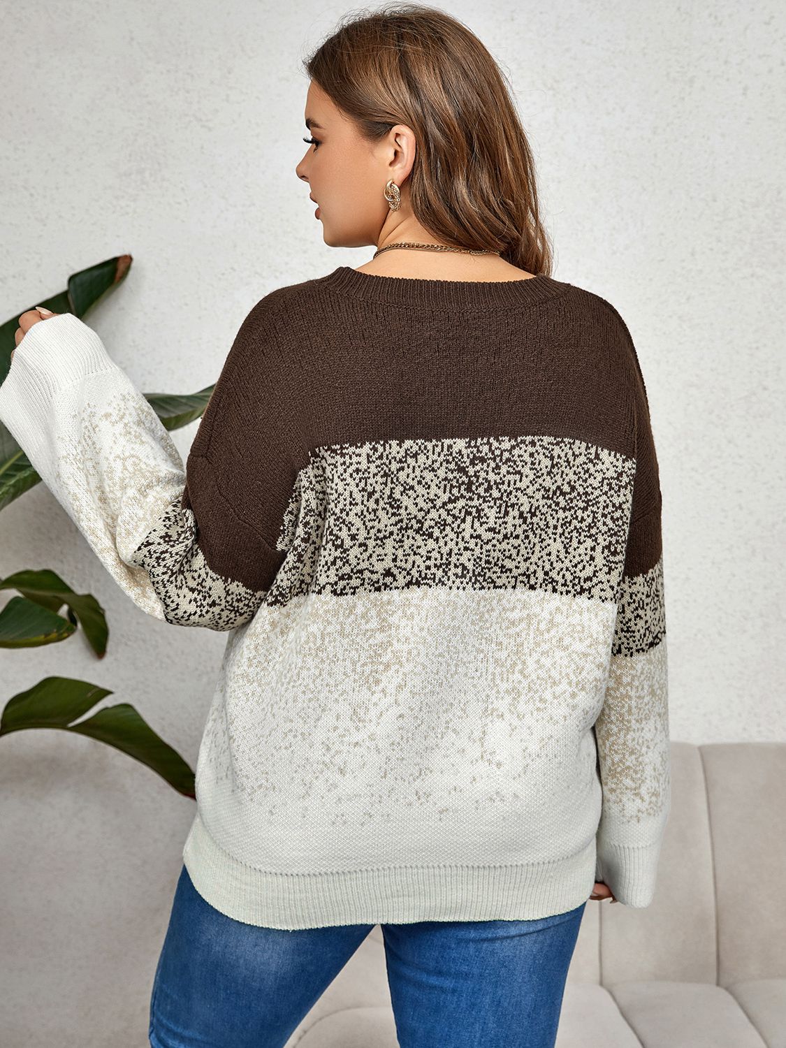 Plus Size Round Neck Long Sleeve Printed Sweater - Body By J'ne