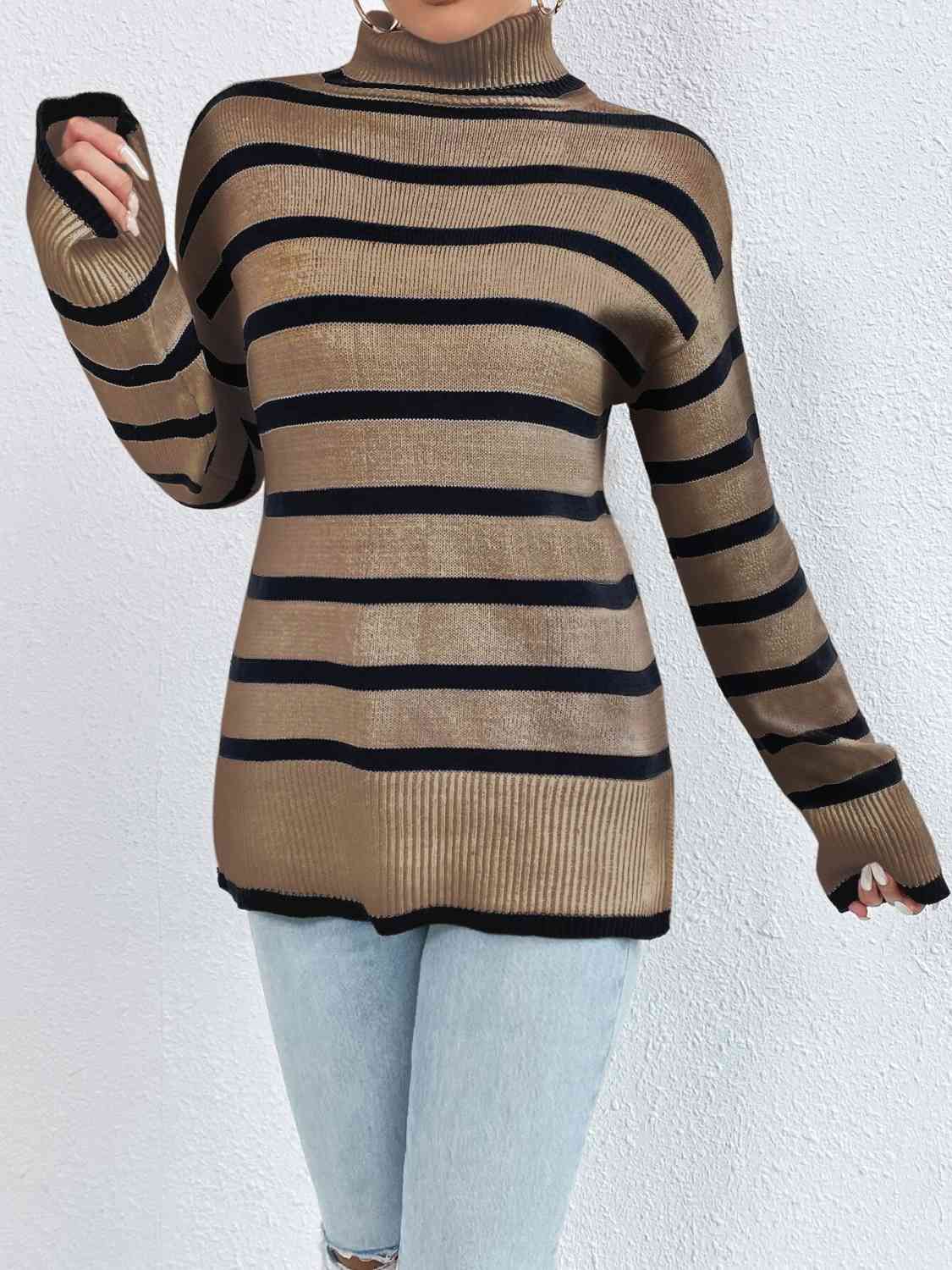 Striped Turtleneck Drop Shoulder Sweater - Body By J'ne