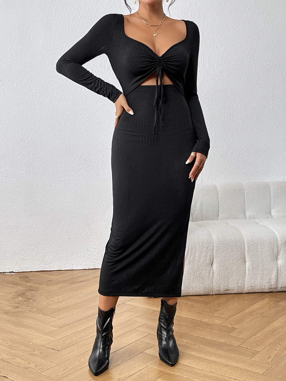 Cutout Drawstring Slit Dress - Body By J'ne