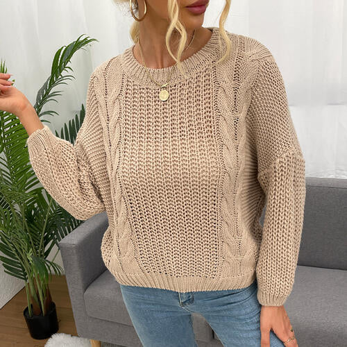Openwork Round Neck Dropped Shoulder Sweater - Body By J'ne