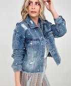 Pearl Embellished Ripped Button Down Denim Jacket - Body By J'ne