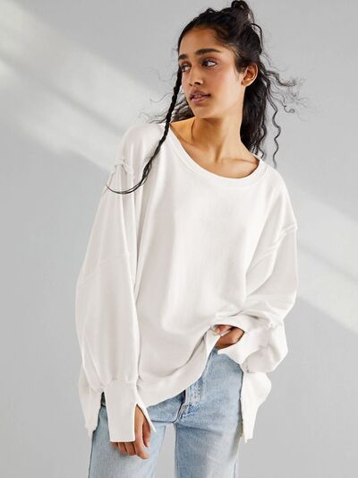 Slit Round Neck Dropped Shoulder T-Shirt - Body By J'ne