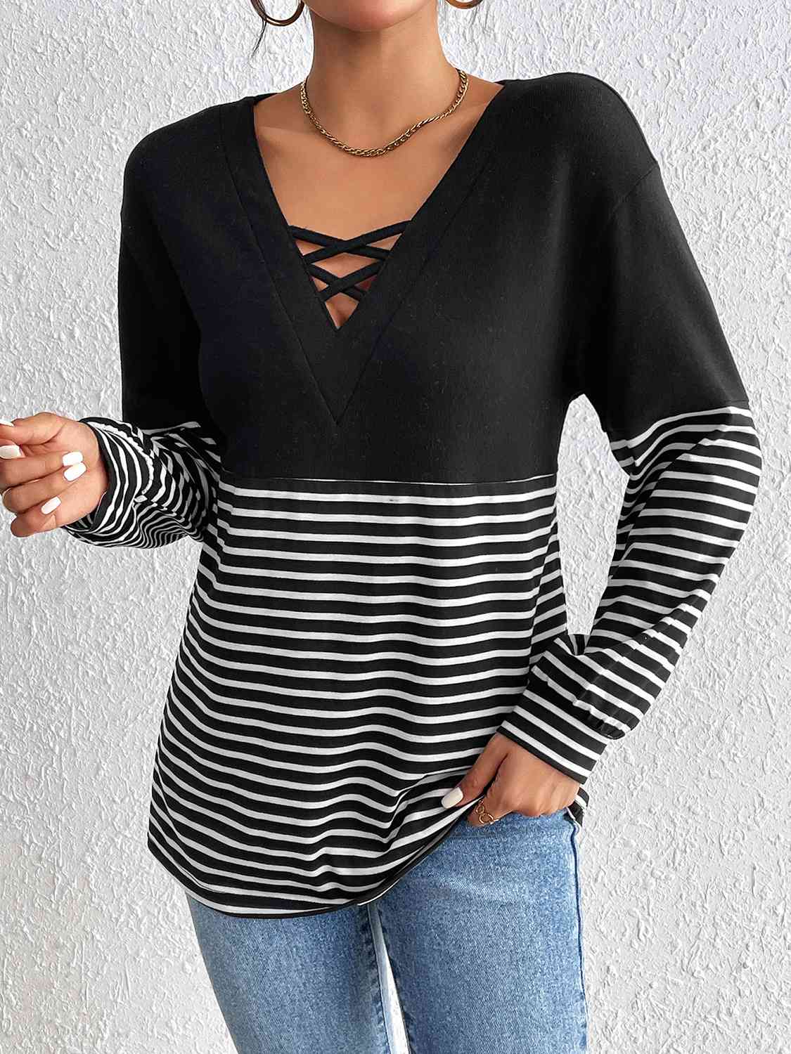 Striped Crisscross V-Neck Long Sleeve T-Shirt - Body By J'ne