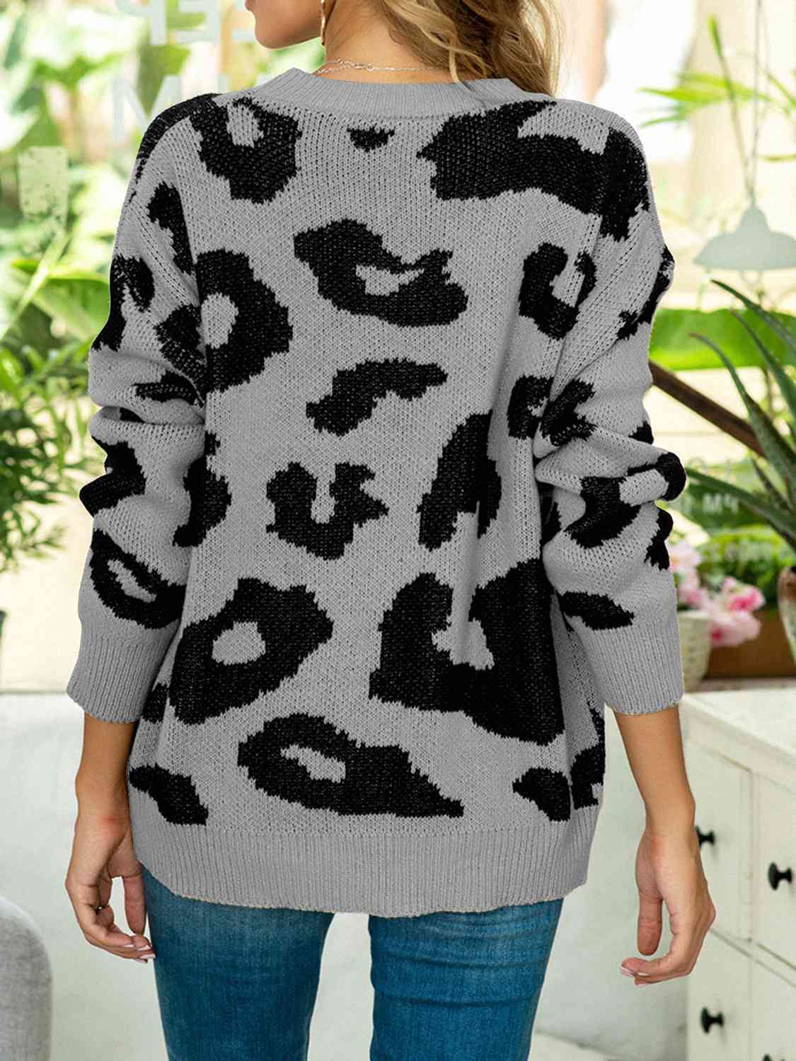 Drop Shoulder Leopard Pullover Sweater - Body By J'ne