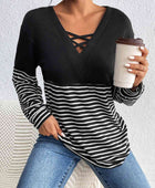 Striped Crisscross V-Neck Long Sleeve T-Shirt - Body By J'ne