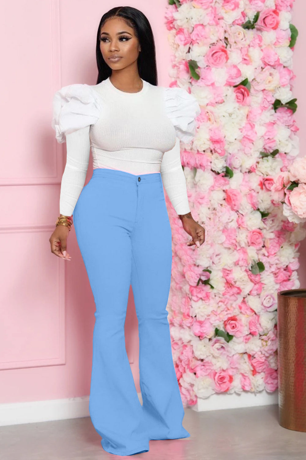 Leg-Of-Mutton Sleeve Top and Flare Pants Set - Body By J'ne