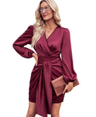 Solid Wrapped Balloon Sleeve Tie Waist Dress - Body By J'ne