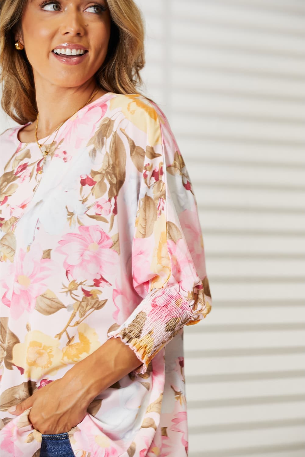 Floral Round Neck Three-Quarter Sleeve Top - Body By J'ne