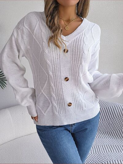 Cable-Knit Buttoned V-Neck Sweater - Body By J'ne